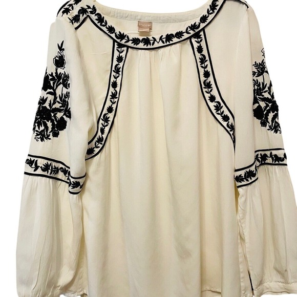 Chico's‎ Elegant White Peasant Blouse with Intricate Black Embroidery XL - Picture 1 of 7